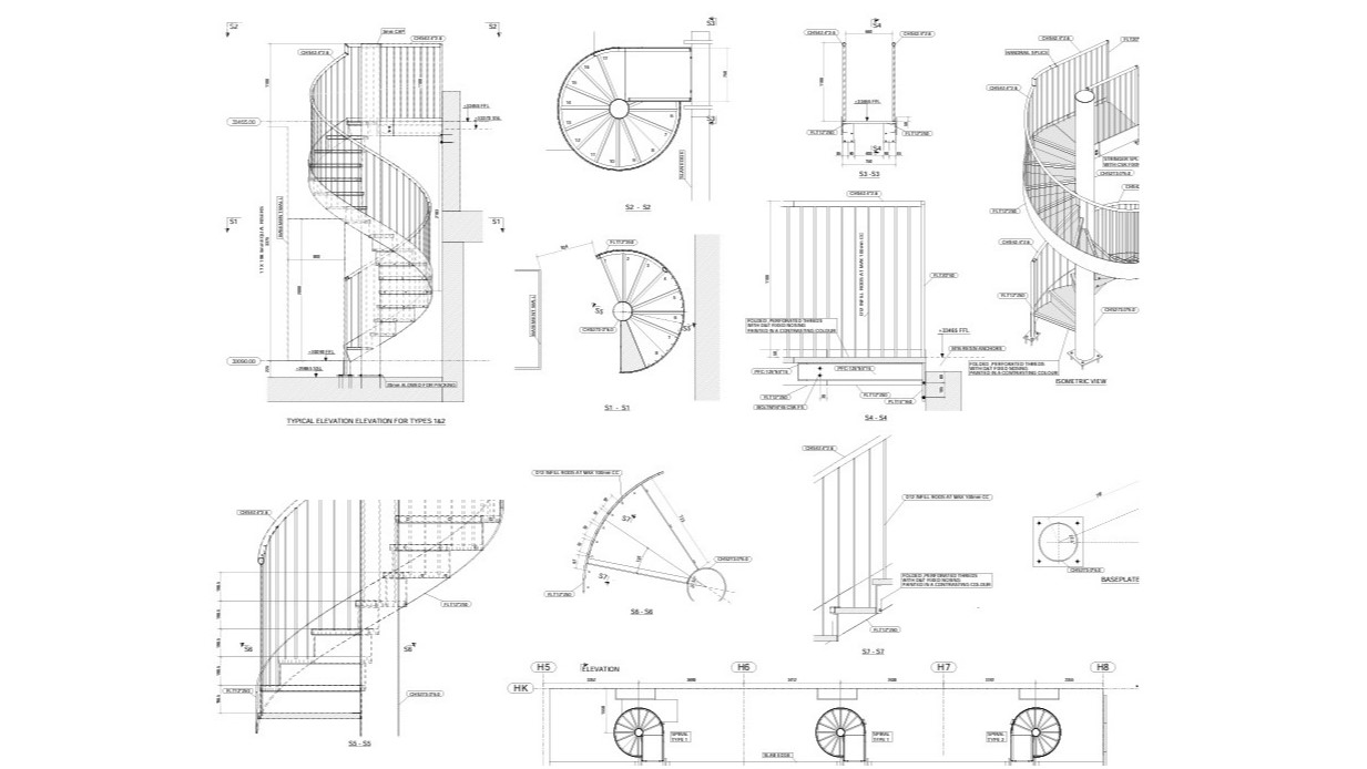 General arrangement fabrication drawing of a spiral steel staircase
