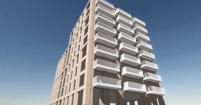 Steel balcony structure, alternate view
